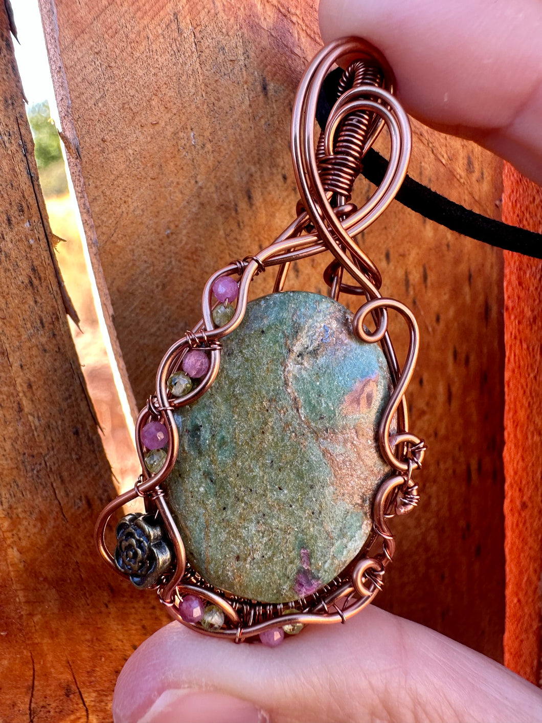 Reserved for Lisa t Ruby in fuchsite with gem inclusions Wire Wrapped Pendent Necklacete