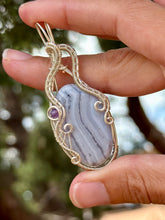 Load image into Gallery viewer, Blue lace agate with amethyst gem accents wire wrapped pendant necklace

