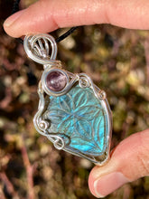 Load image into Gallery viewer, DESIGNER CAB CARVED labradorite with super 7 inclusions Wire wrapped pendant
