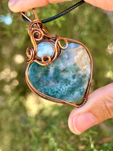 Load image into Gallery viewer, Moss agate with larimar gem accent wire wrapped pendant necklace
