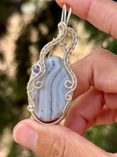 Load image into Gallery viewer, Blue lace agate with amethyst gem accents wire wrapped pendant necklace
