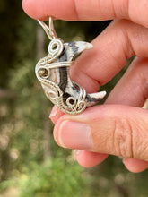 Load image into Gallery viewer, Artisan cab (positive rock) Zebra onyx crescent moon with pyrite gem accent wire wrapped pendant necklace

