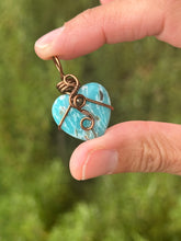 Load image into Gallery viewer, Jade/mother of pearl with pyrite gem accent heart mini wire wrapped pendant necklace
