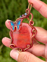Load image into Gallery viewer, Cherry quartz with sapphire + ruby gem accents wire wrapped pendant necklace
