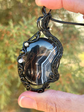Load image into Gallery viewer, Black banded agate with labradorite + onyx gem accents wire wrapped pendant necklace
