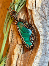 Load image into Gallery viewer, Artisan cab (johari gems) Malachite with obsidian + prehnite gem accents wire wrapped pendant necklace
