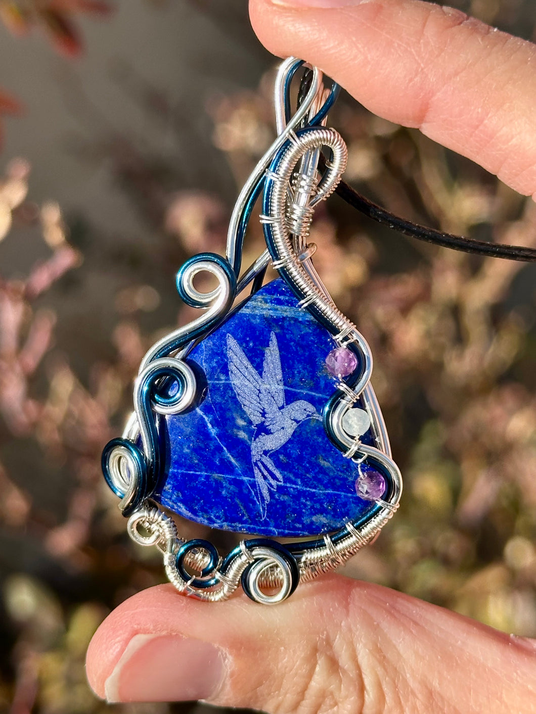 DUO TONED WIRE + DESIGNER CAB (etched by Marina Rabinskaya) Lapis lazuli with amethyst + aquamarine inclusions Wire wrapped pendant