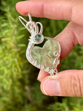 Load image into Gallery viewer, Prehnite with epidote with blue fluorite wire wrapped pendant necklace

