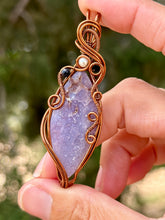 Load image into Gallery viewer, Artisan cab (positive rock) grape agate with pearl +  blue goldstone gem accents wire wrapped pendant necklace
