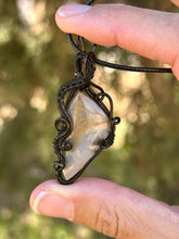 Load image into Gallery viewer, Tiger dendritic agate with golden obsidian gem accents wire wrapped pendant necklace
