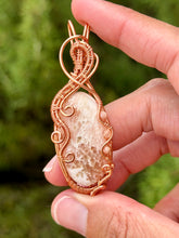 Load image into Gallery viewer, Pink scolecite with peach moonstone + rose quartz gem accents wire wrapped pendant necklace

