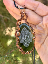 Load image into Gallery viewer, artisan cab (Marina Rabinskaya) serpentine with lotus design with prehnite + citrine gem accents wire wrapped pendant necklace
