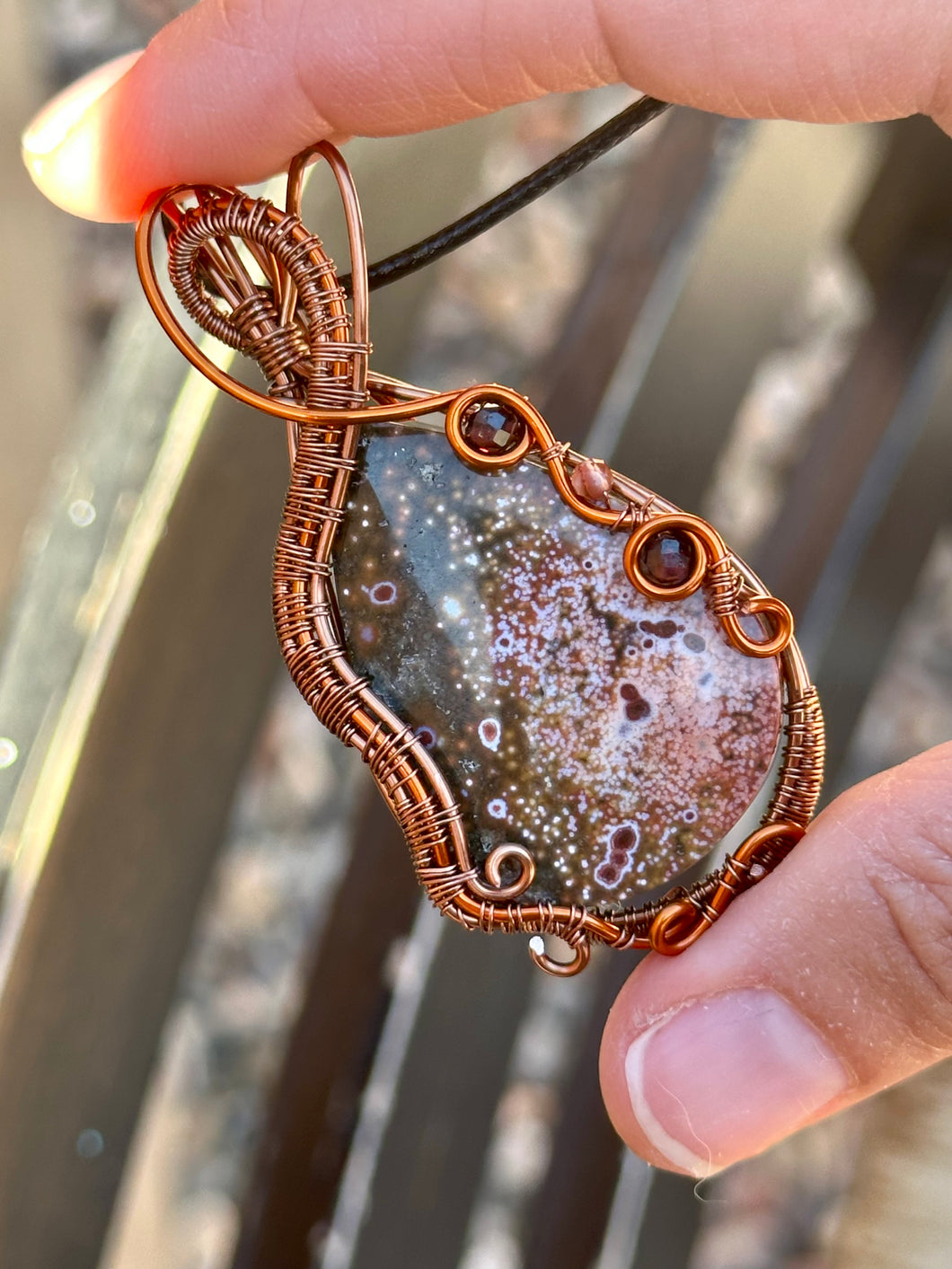 DUO TONED WIRE + DESIGNER CAB ocean jasper with garnet + carnelian inclusions  Wire wrapped pendant