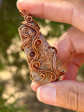 Load image into Gallery viewer, Artisan cab (positive rock) fossilized palm root with carnelian + garnet gem accents wire wrapped pendant necklace
