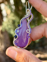Load image into Gallery viewer, Purple onyx (dyed) with lapis lazuli + aquamarine gem accents wire wrapped pendant necklace
