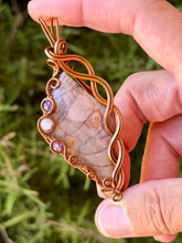 Load image into Gallery viewer, Artisan cab (positive rocks) purple imperial jasper with amethyst + lepidolite  gem accents wire wrapped pendant necklace
