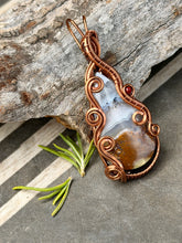 Load image into Gallery viewer, Red Indonesian moss agate with raspberry jade gem accent wire wrapped pendant
