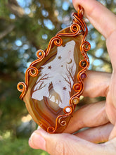 Load image into Gallery viewer, Artisan cab (Marina rabinskaya) carnelian agate slice with wolf design with  obsidian, garnet, carnelian, citrine, moonstone gem accents wire wrapped pendant necklace
