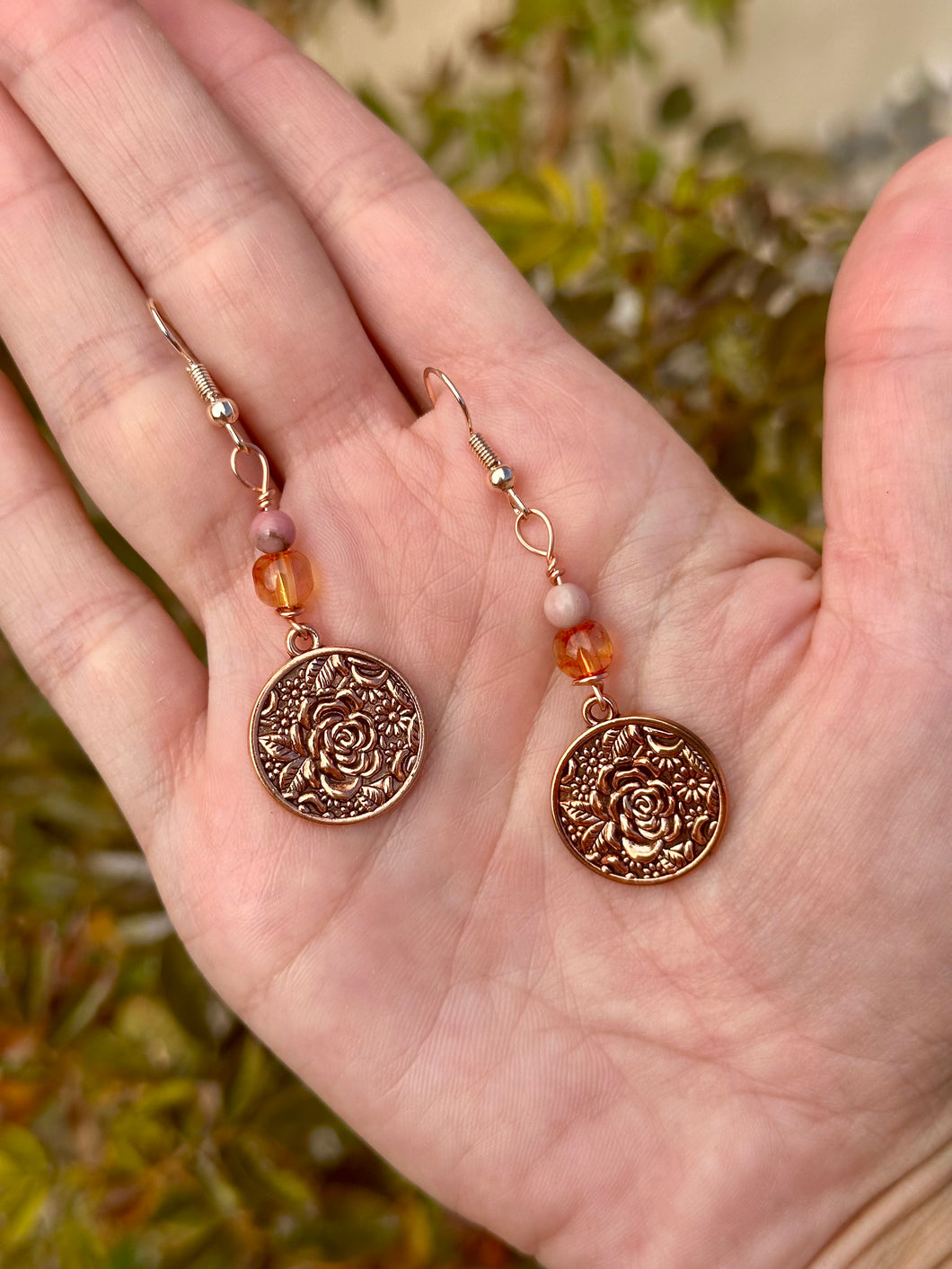 Rhodonite copper rose earrings