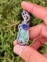 Load image into Gallery viewer, Hemimorphite with blue sea glass gem Accent wire wrapped pendant necklace
