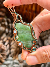 Load image into Gallery viewer, Artisan cab (positive rock) serpentine with sea sediment jasper + aquamarine gem accents wire wrapped pendant necklace
