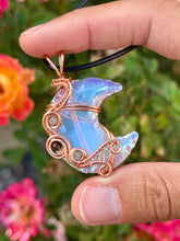 Load image into Gallery viewer, Opalite moon with blue kyanite + obsidian gem accents wire wrapped pendant necklace
