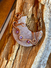 Load image into Gallery viewer, Artisan cab (positive rocks) druzy amethyst moon with ruby + amethyst gem accents wire wrapped pendant necklace
