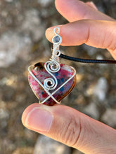 Load image into Gallery viewer, Speckled (enhanced) Labradorite with sapphire inclusion wire wrapped pendant necklace
