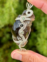 Load image into Gallery viewer, Raw smoky quartz cluster with blue kyanite + black tourmaline gem accents wire wrapped pendant necklace
