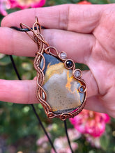 Load image into Gallery viewer, Artisan cab (johari gems) bumblebee jasper with rutile quartz + onyx gem accents wire wrapped pendant necklace
