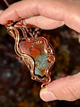Load image into Gallery viewer, Reserved for Kylie n DESIGNER CAB + DUO TONED WIRE marcasite in agate with goldstone + pyrite inclusions Wire wrapped pendant
