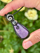 Load image into Gallery viewer, Stichtite with Larvikite gem accent wire wrapped pendant necklace
