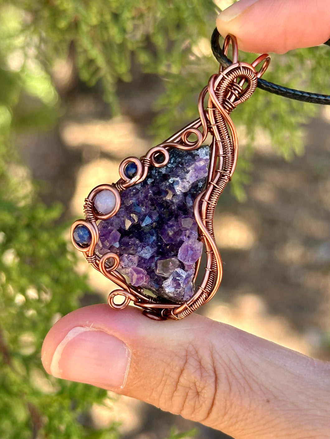 Amethyst cluster with sodalite + lepidolite inclusions wire wrapped pendant talisman necklace