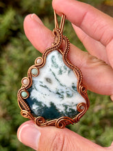 Load image into Gallery viewer, Artisan cab (johari gems) tree agate with chrysoprase + peach moonstone gem accents wire wrapped pendant necklace
