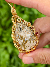 Load image into Gallery viewer, Artisan cab (positive rock) ocean jasper druzy with yellow mookaite, hematite, red mookaite gem accents wire wrapped pendant necklace

