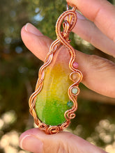 Load image into Gallery viewer, Artisan cab (positive rocks) rainbow dragon vein agate with rhodonite, citrine, green aventurine, green mica gem accents wire wrapped pendant necklace
