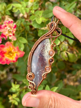 Load image into Gallery viewer, ARTISAN CAB (Ibrahim Opic) Indonesian Red Moss Agate with strawberry quartz + garnet inclusions wire wrapped pendant talisman necklace
