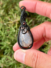 Load image into Gallery viewer, Chocolate Moonstone with Garnet gem Accent wire wrapped pendant necklace
