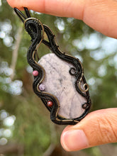 Load image into Gallery viewer, Artisan cab (positive rock) purple imperial jasper with maroon mookaite + amethyst gem accents wire wrapped pendant necklace
