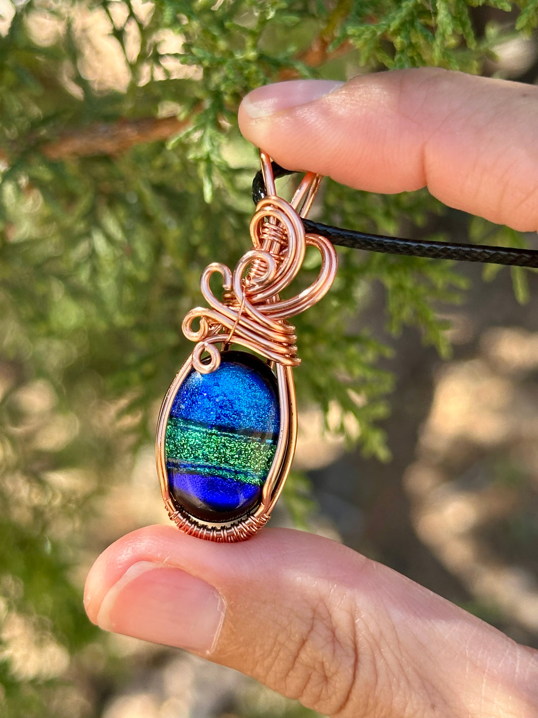 Dichroic glass wire wrapped pendant