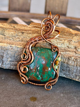 Load image into Gallery viewer, Artisan cab (johari gems)  green chrysocolla with peridot + tiger eye wire wrapped pendant necklace
