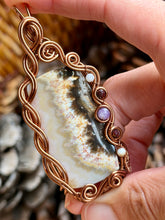 Load image into Gallery viewer, Artisan cab (positive rock) porcelain jasper with mother of pearl, red mookaite, lepidolite gem accents wire wrapped pendant necklace
