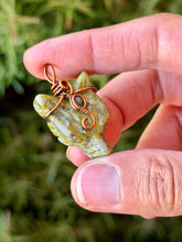 Load image into Gallery viewer, Unakite mini wolf head with blue apatite gem accent wire wrapped pendant necklace
