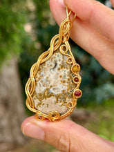 Load image into Gallery viewer, Artisan cab (positive rock) ocean jasper druzy with yellow mookaite, hematite, red mookaite gem accents wire wrapped pendant necklace
