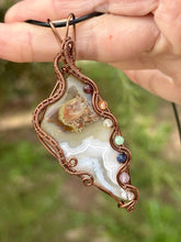 Load image into Gallery viewer, Artisan cab (positive rocks) Indonesian Moss agate with White tube agate + chakra gem accents wire wrapped pendant necklace
