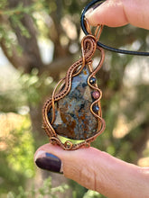 Load image into Gallery viewer, Faceted Pietersite with sapphire + Rhodonite gem inclusions wire wrapped pendant necklace
