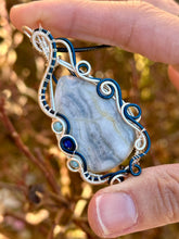 Load image into Gallery viewer, Reserved for Amy f DUO TONED WIRE blue scheelite with blue apatite + lapis lazuli inclusions Wire wrapped pendant
