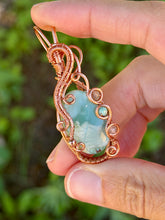 Load image into Gallery viewer, Hemimorphite with Super 7 + Amazonite Gem Accents wire wrapped pendant necklace
