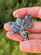 Load image into Gallery viewer, Larvikite dragonfly with lapis lazuli gem accent wire wrapped pendant necklace
