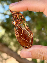 Load image into Gallery viewer, Garden quartz/lodolite “pumpkin” with orange garnet, tree agate, green aventurine gem accents wire wrapped pendant necklace
